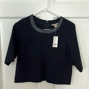 NWT: banana republic elbow length small black cropped top, Leather trim collar.